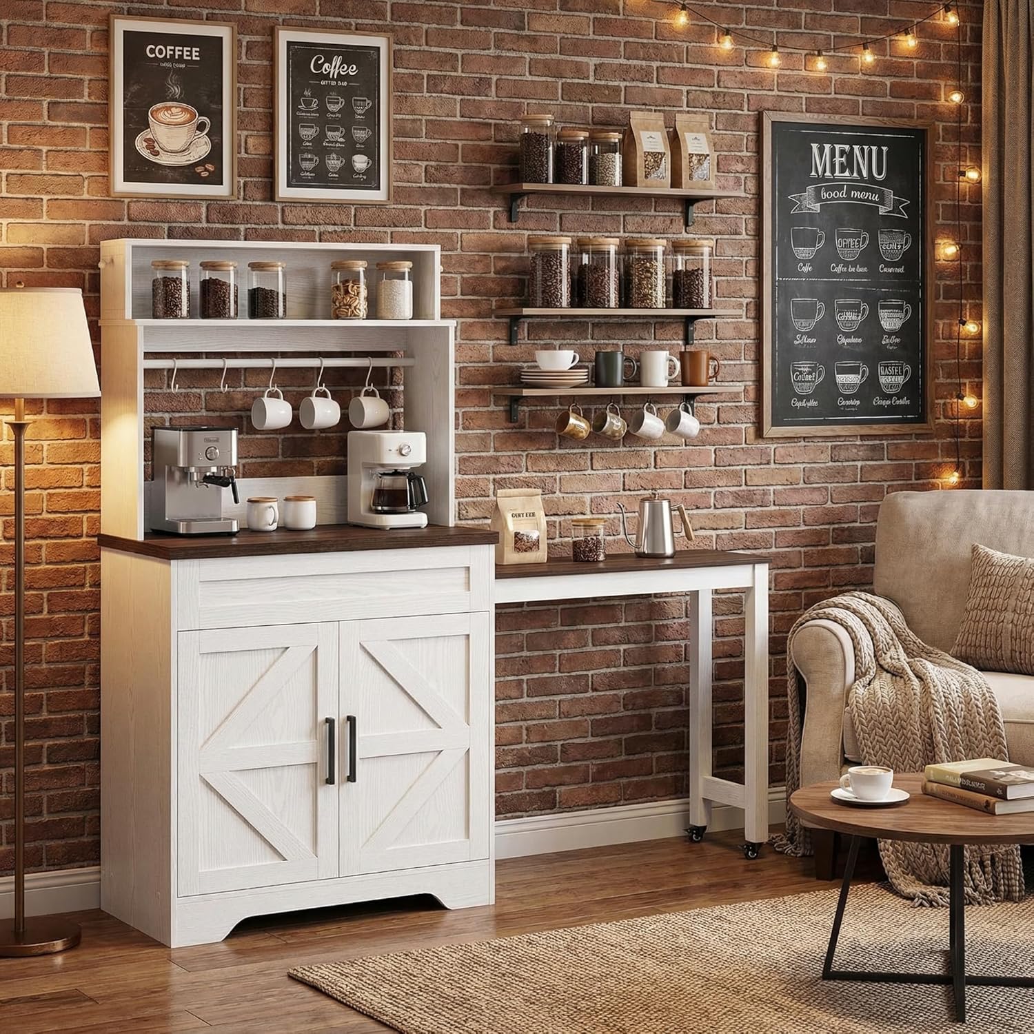 LIKIMIO 57" Farmhouse Coffee Bar Cabinet with Extendable Table & Locking Wheels, Mobile Kitchen Island Storage Cart with Magnetic Board, 5 Hooks, Adjustable Shelf, Space Saving for Apartment, White