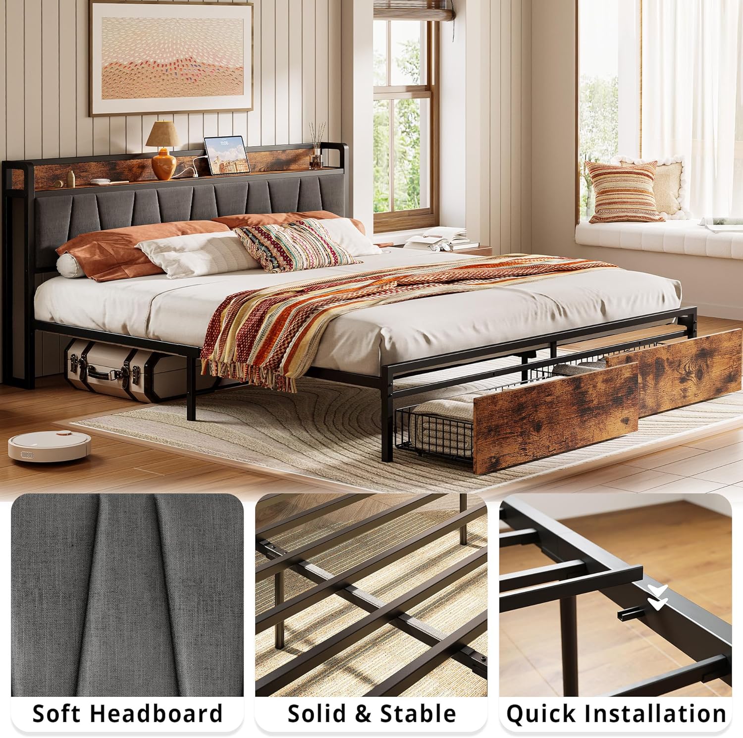 LIKIMIO Charging Storage Bed Frame