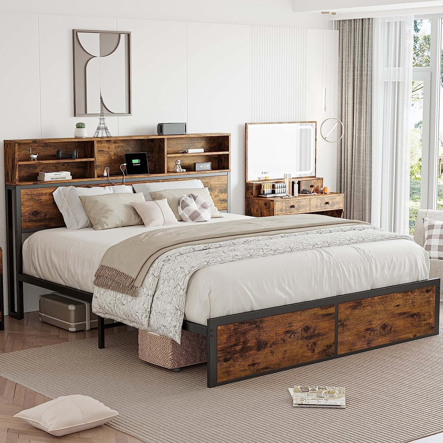 Noise Free Bed Frame with Bookcase Headboard