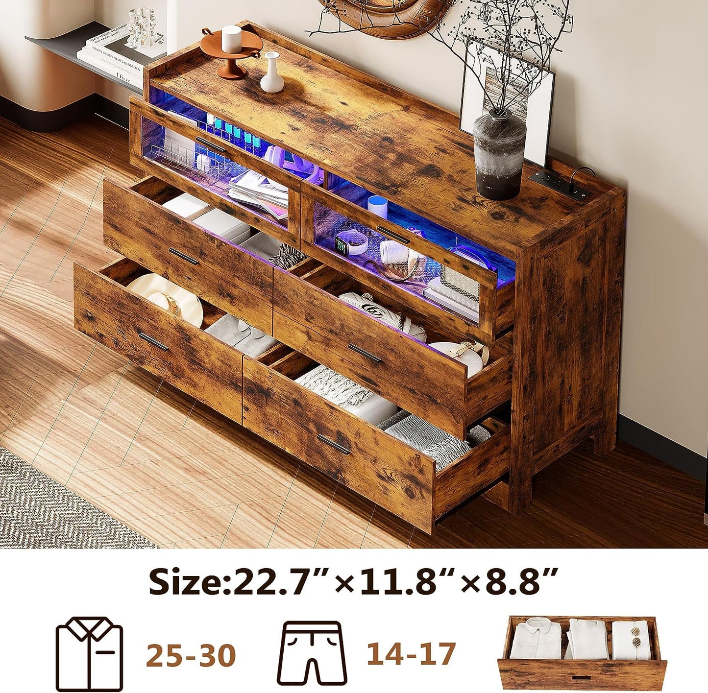 47" LED Dresser with 6 Drawers Brown