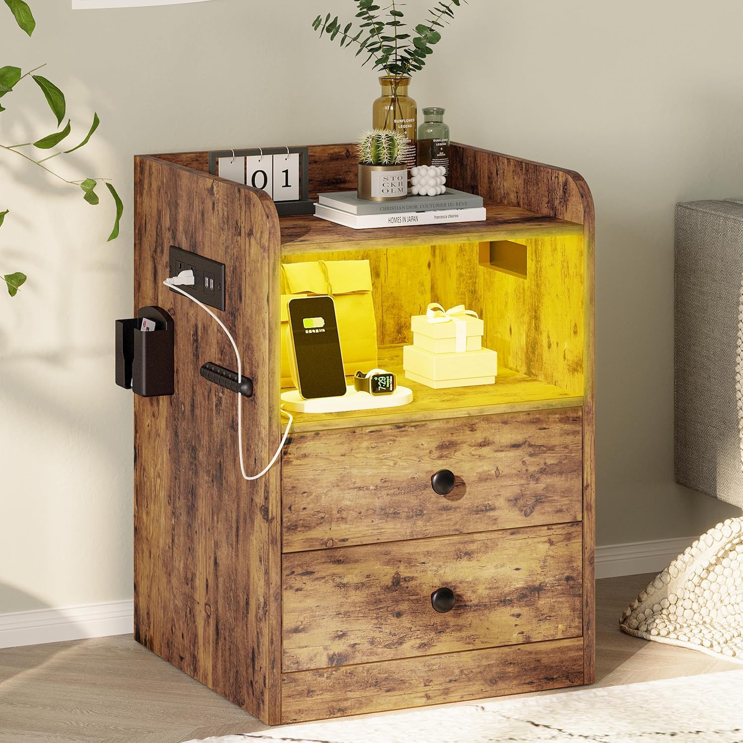 LIKIMIO Open Shelf & 2 Drawers Nightstand
