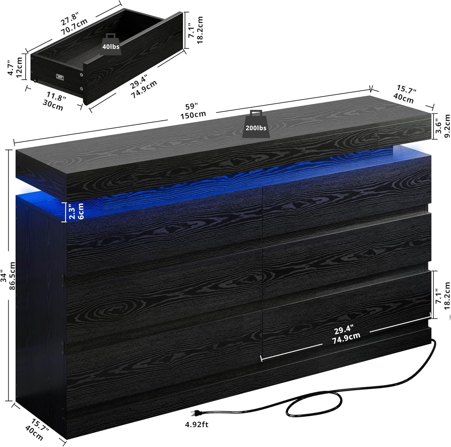 LIKIMIO Wooden LED 6-Drawers Dresser (59")