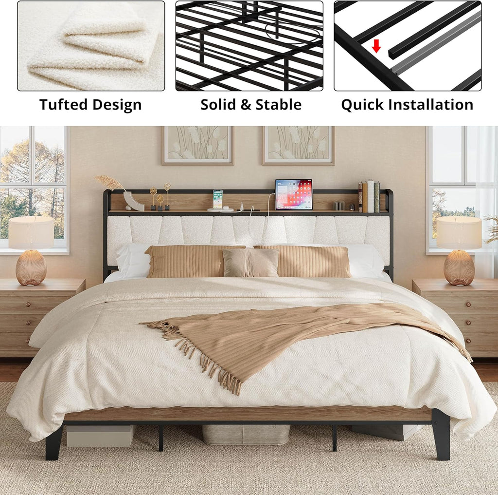 LIKIMIO King Bed Frames, with Charging Station, Wood and Cream