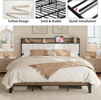 LIKIMIO King Bed Frames, with Charging Station, Wood and Cream