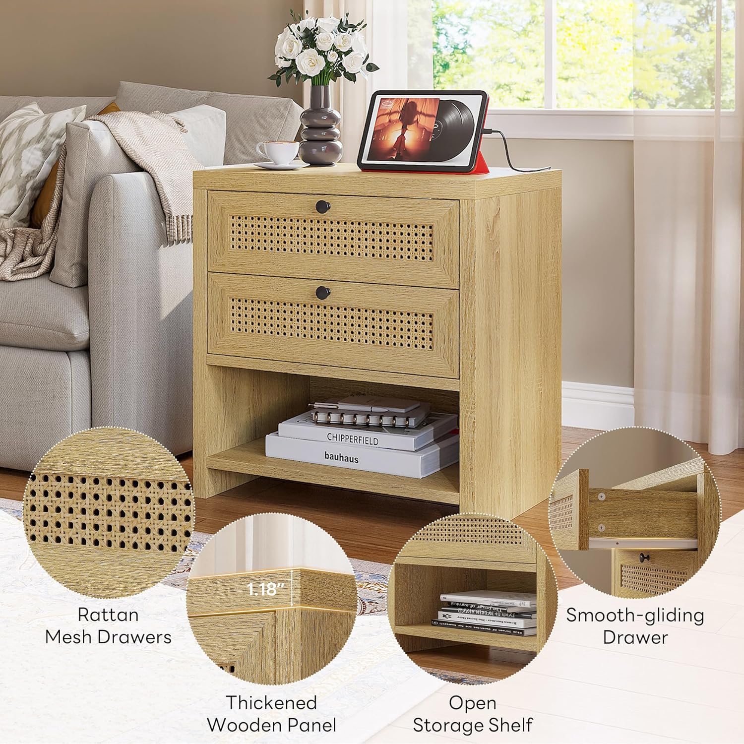 LIKIMIO Rattan Charging Nightstand Set