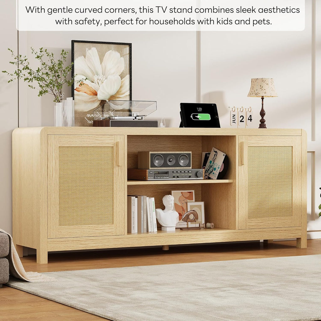 LIKIMIO TV Stand with Power Outlet for TVs up to 65", Natural
