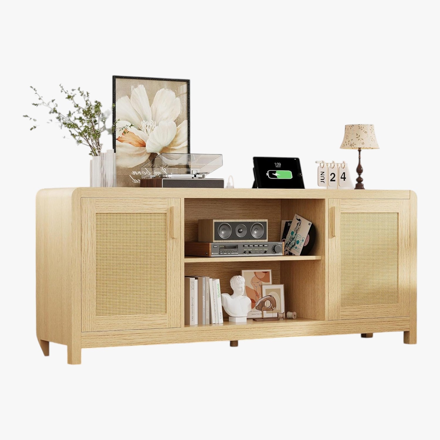 LIKIMIO TV Stand with Power Outlet for TVs up to 65", Natural