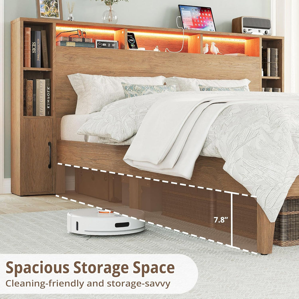 LIKIMIO Queen Bed Frame, with Charging Station & LED Lights, Natural Color