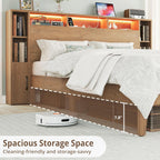 LIKIMIO Queen Bed Frame, with Charging Station & LED Lights, Natural Color