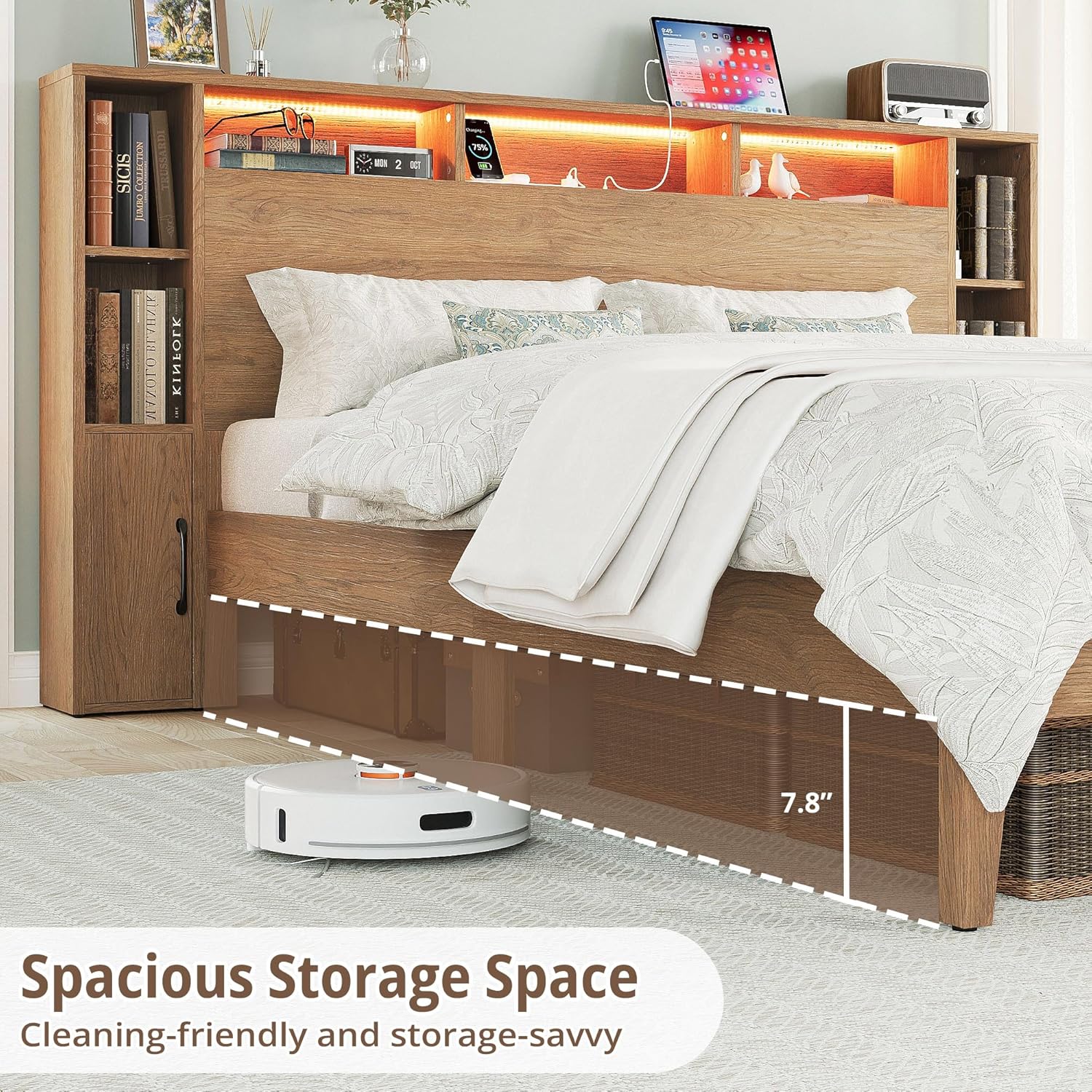 LIKIMIO Queen Bed Frame, with Charging Station & LED Lights, Natural Color