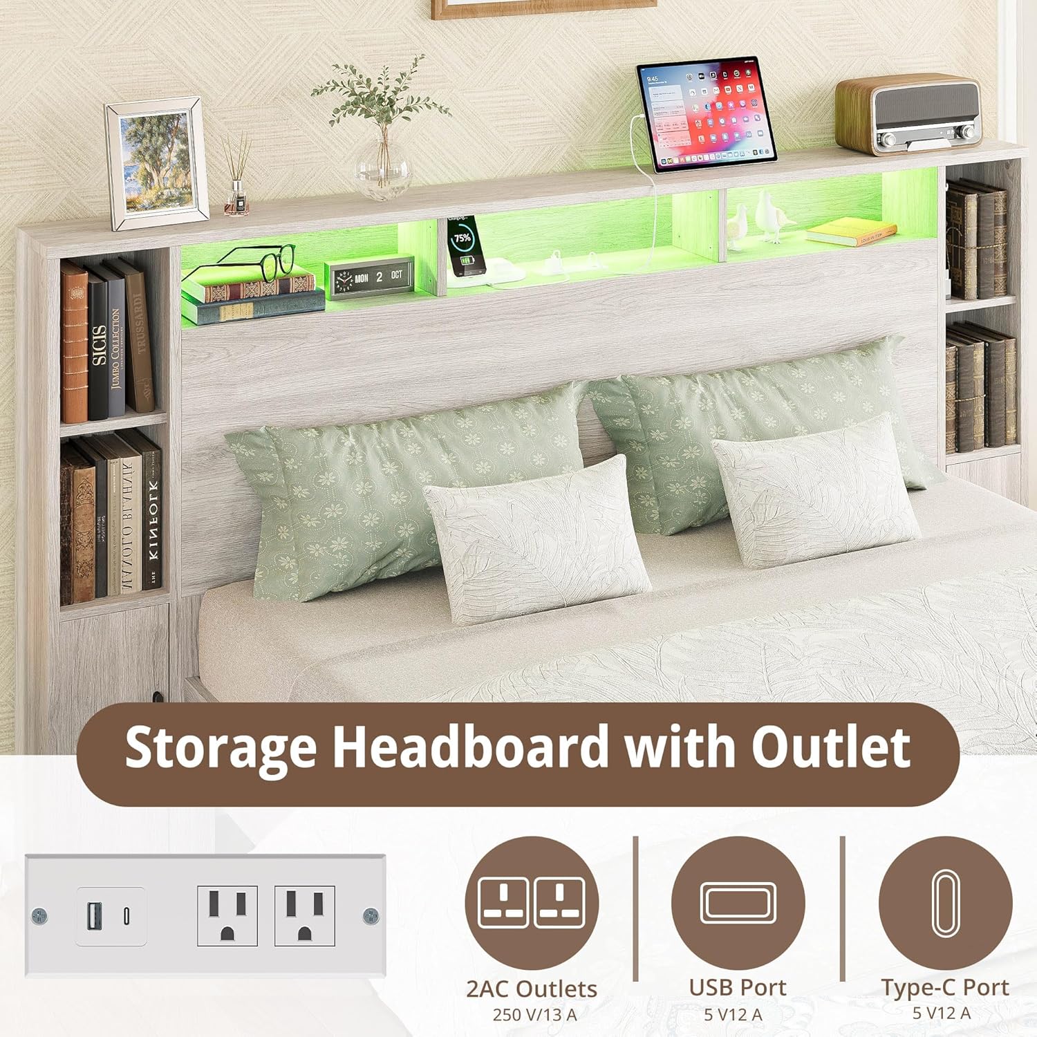 LIKIMIO Queen Size Bed Frame with Storage,  with LED Lights, Light Gray Oak