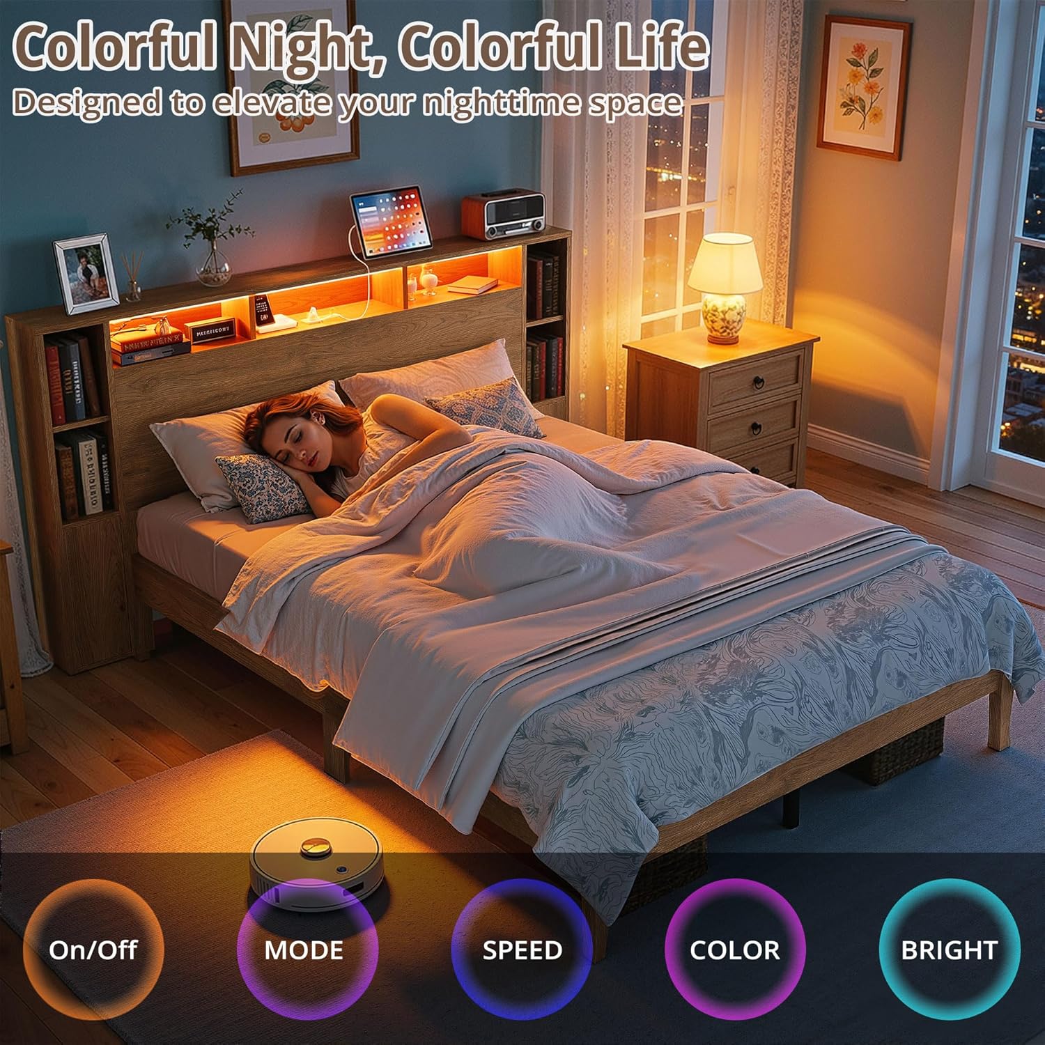 LIKIMIO Queen Bed Frame, with Charging Station & LED Lights, Natural Color