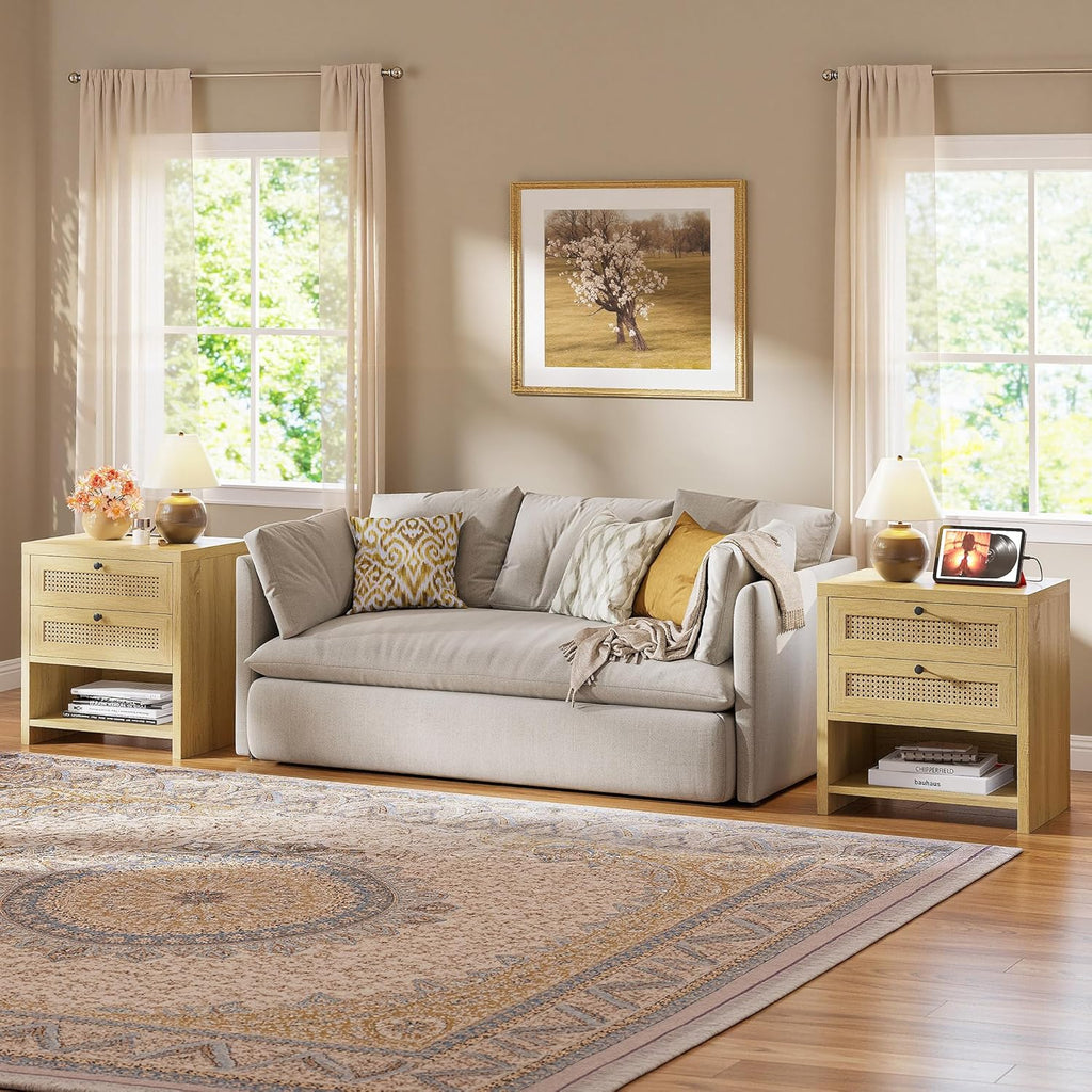 LIKIMIO Rattan Charging Nightstand Set