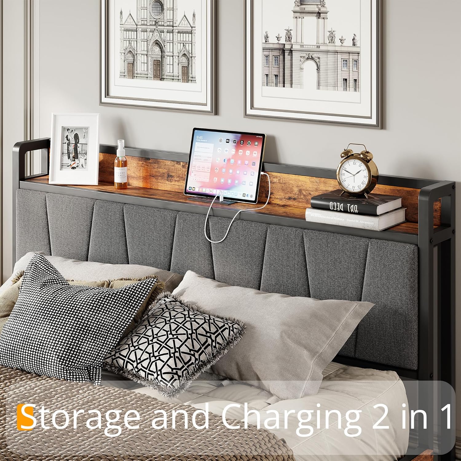 LIKIMIO California King Bed Frame with 4 Storage Drawers, Platform Bed with Charged Headboard