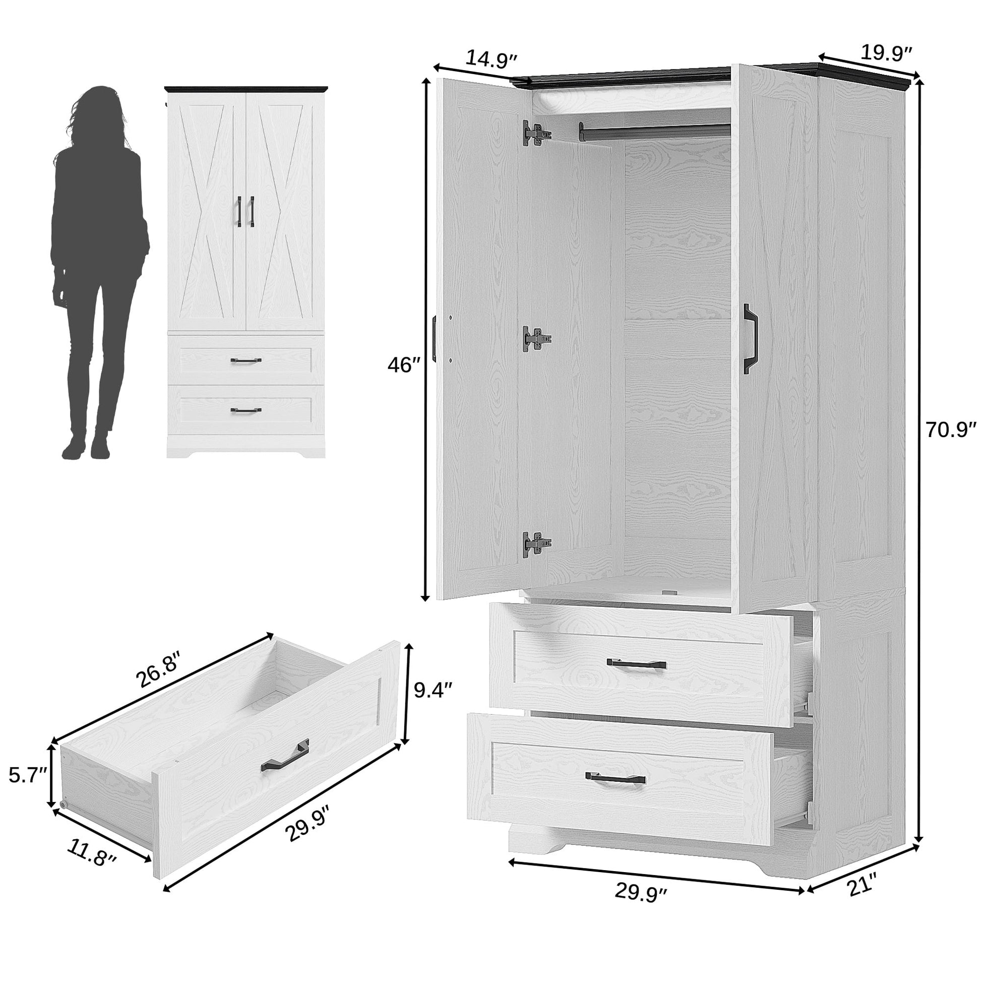 LIKIMIO Wooden Sensor Light Wardrobe Closet（70.9”）