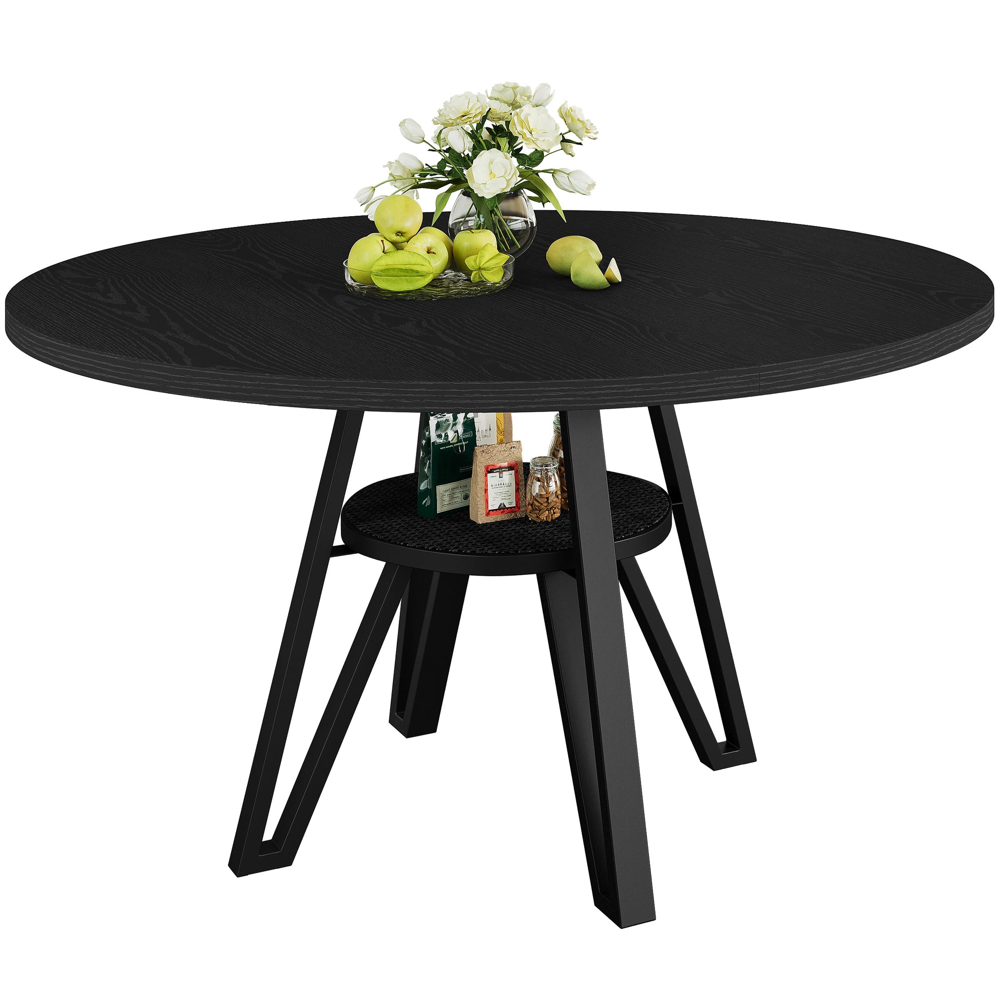 LIKIMIO Wooden Kitchen Table with Rattan Storage Shelf, 47.2”, black