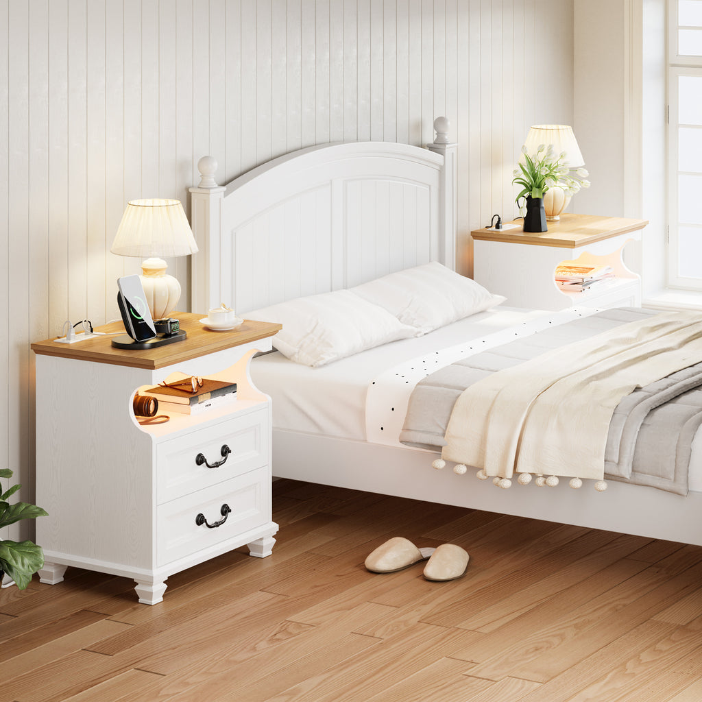 LIKIMIO Farmhouse 2 Drawers Nightstand with Charging Station