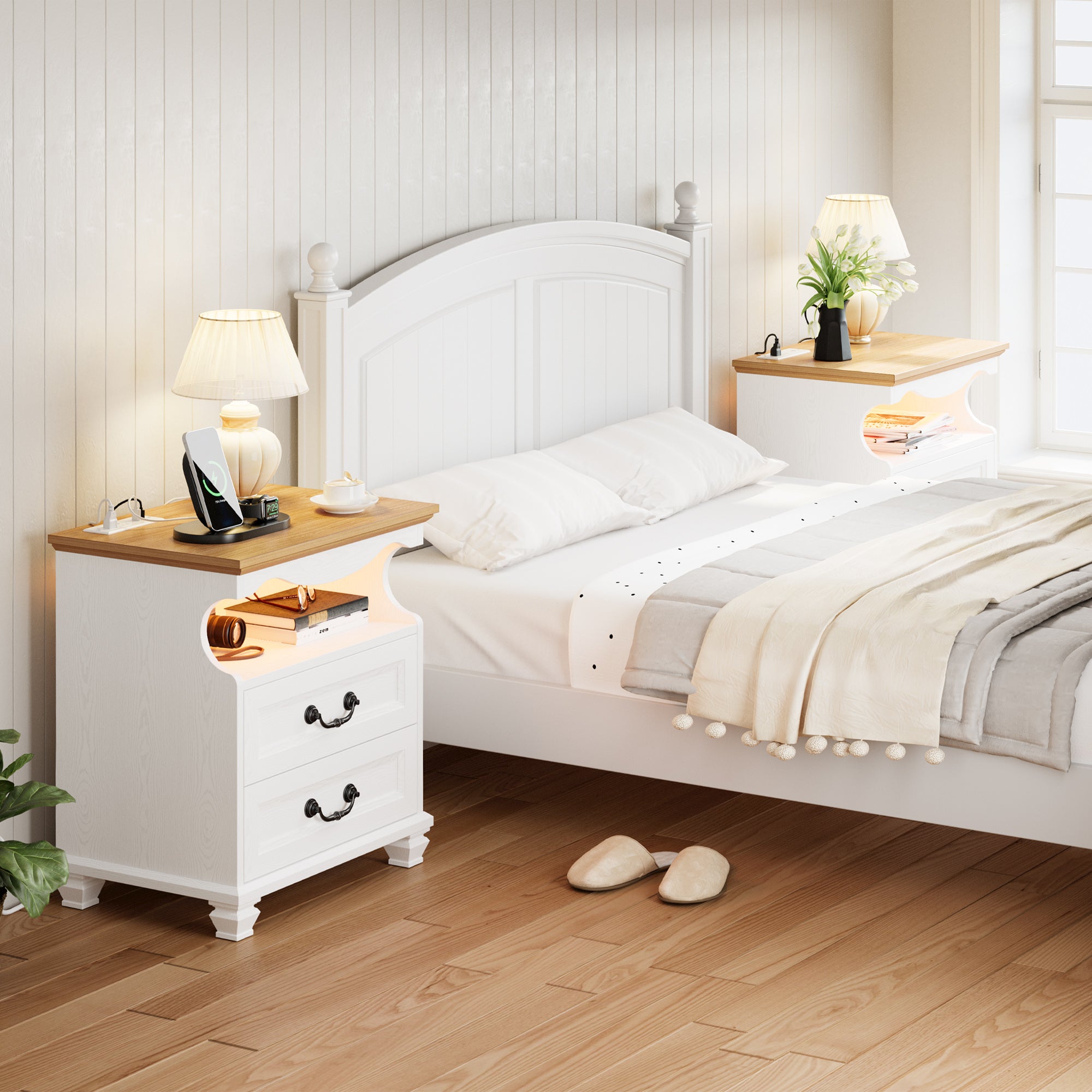 LIKIMIO Farmhouse 2 Drawers Nightstand with Charging Station