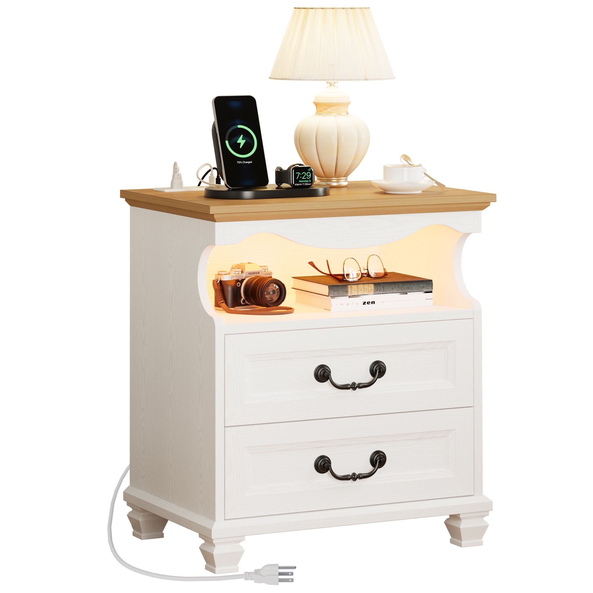 LIKIMIO Farmhouse 2 Drawers Nightstand with Charging Station