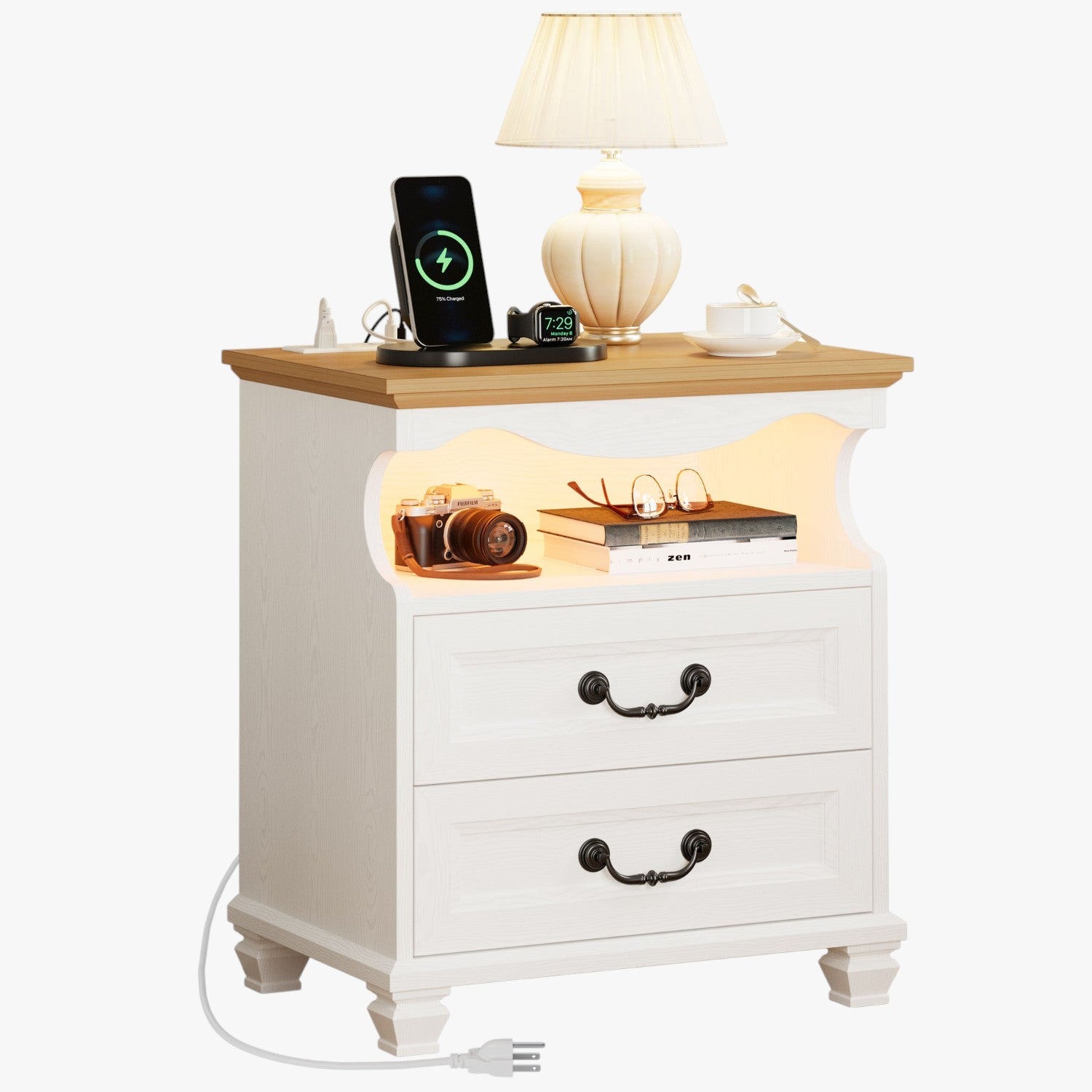LIKIMIO Farmhouse 2 Drawers Nightstand with Charging Station – Likimio