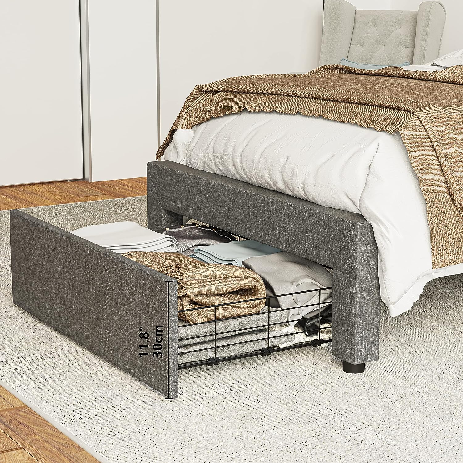 Grey Twin Bed Frame With XL Under-Bed Drawer – Likimio