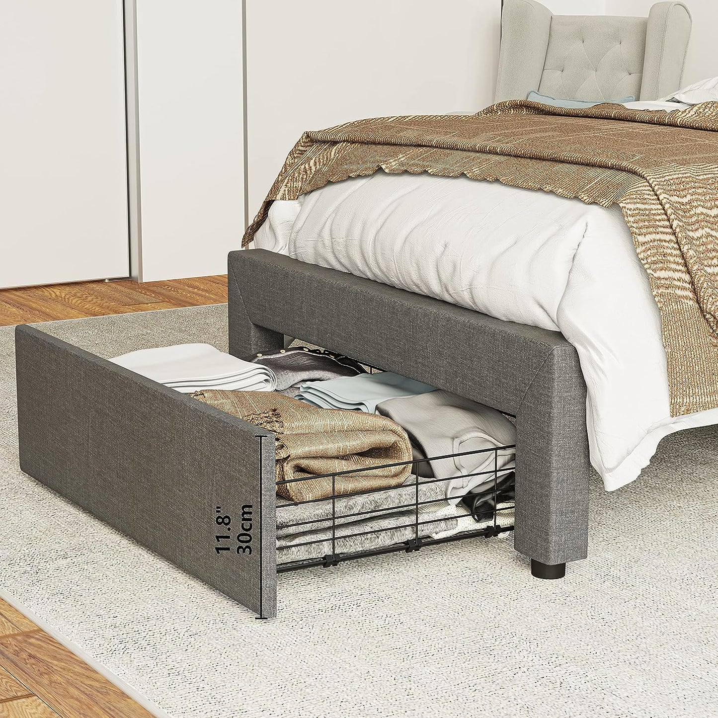 Grey Twin Bed Frame with XL Under-Bed Drawer