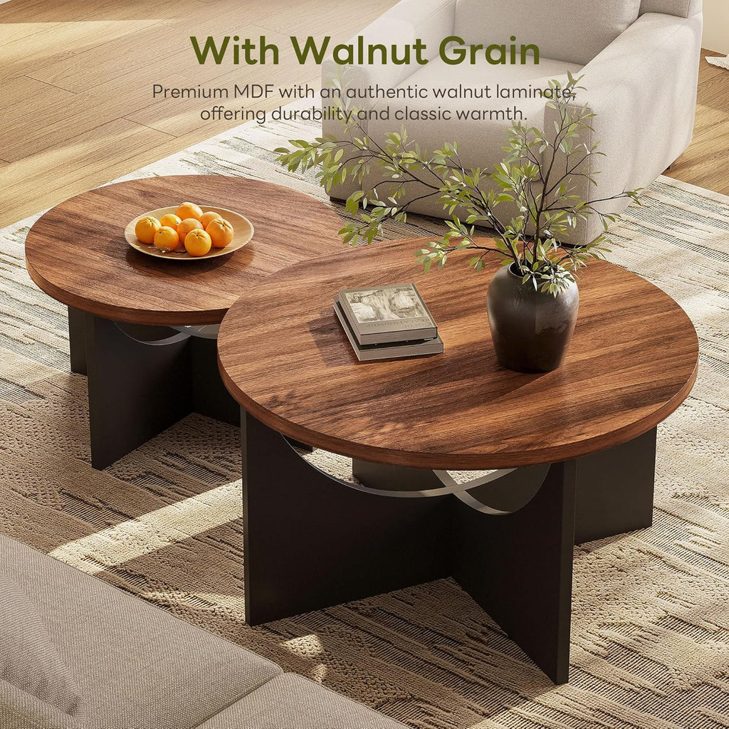 LIKIMIO 31.5" Nesting Round Side Coffee Tables Set of 2,  Walnut