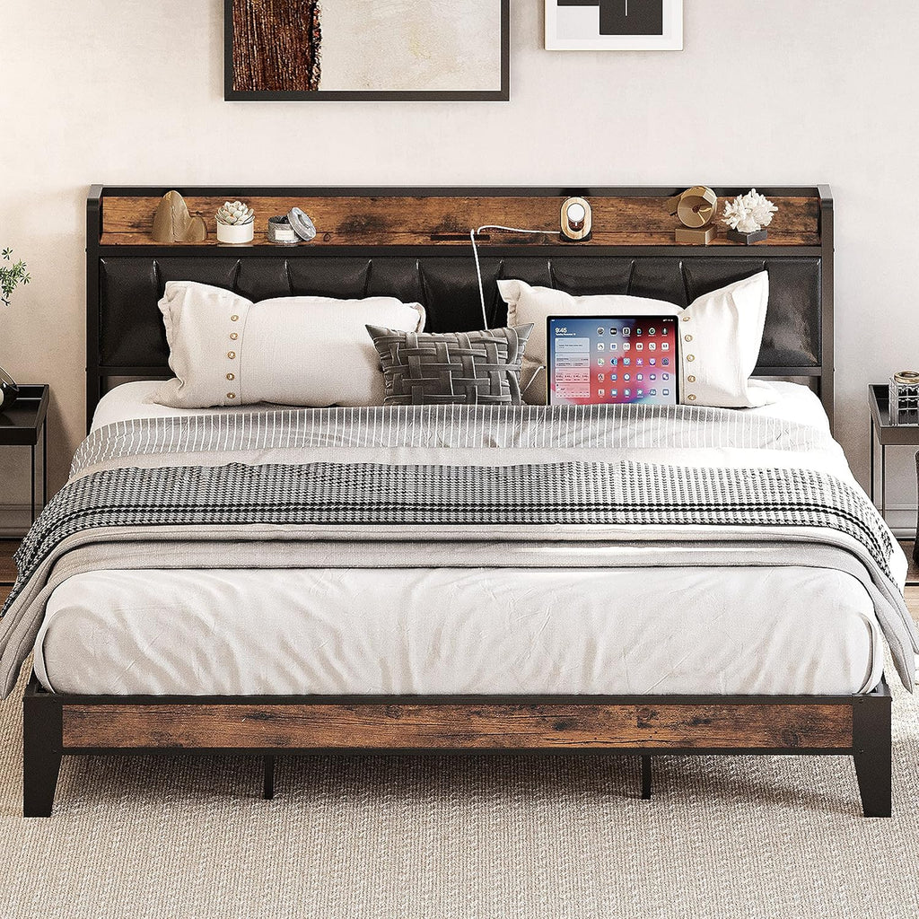 LIKIMIO Full Bed Frame, Storage Headboard with Charging Station