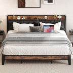 LIKIMIO King Bed Frames, with Charging Station, Wood and Cream