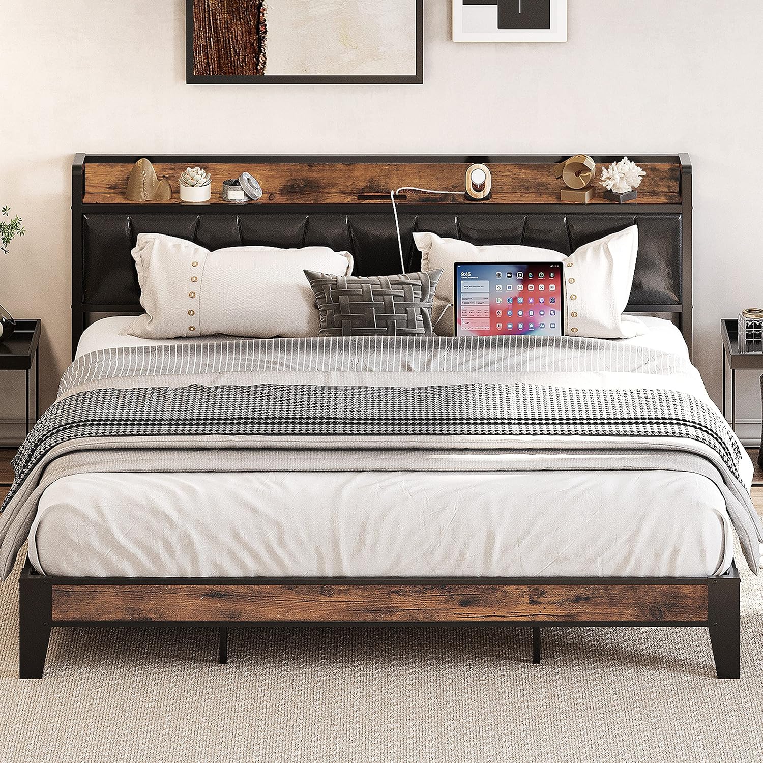 LIKIMIO King Bed Frames, with Charging Station, Wood and Cream