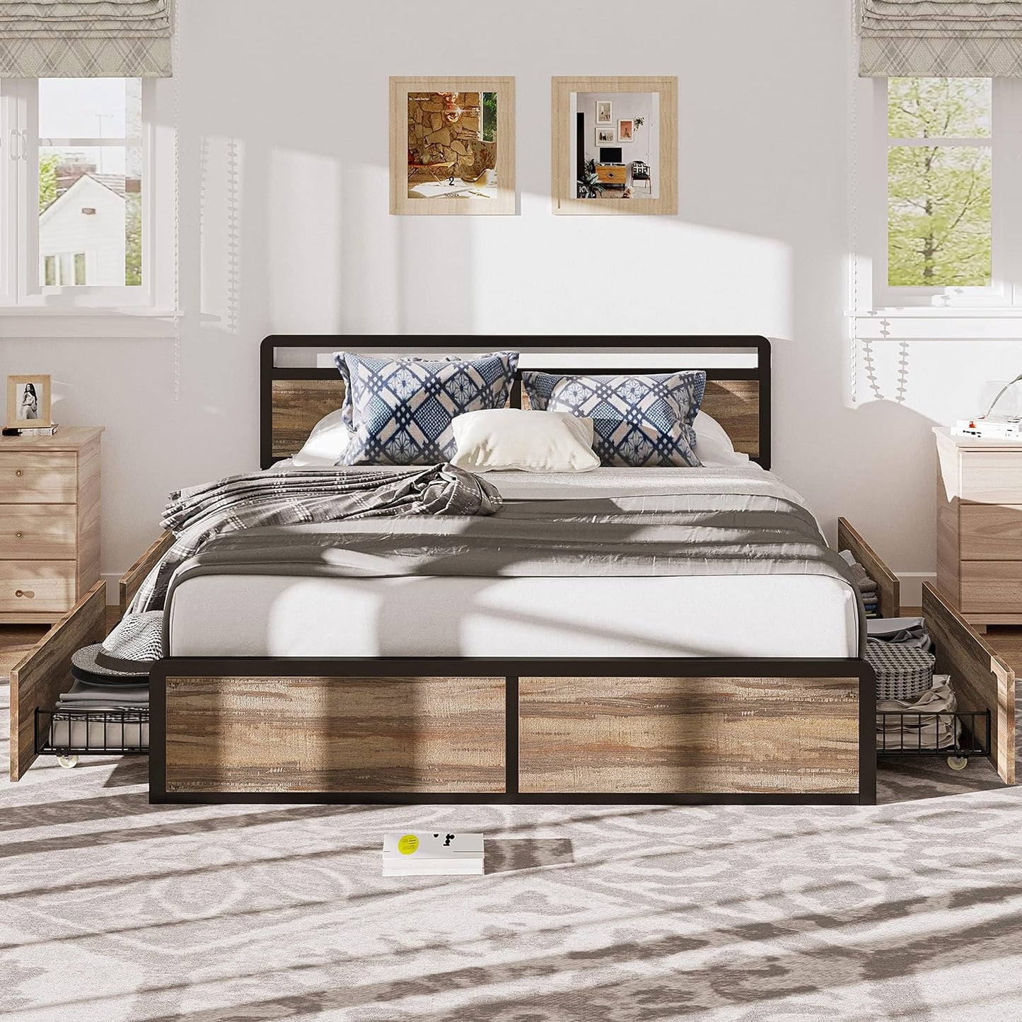 Round Corners Queen Bed Frame with Storage Rustic Brown
