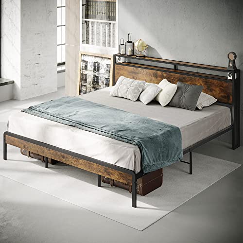LIKIMIO Double Storage Headboard Vintage Bed Frame