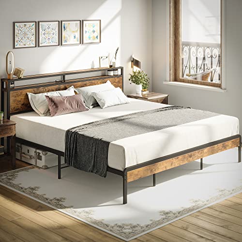 LIKIMIO Double Storage Headboard Vintage Bed Frame