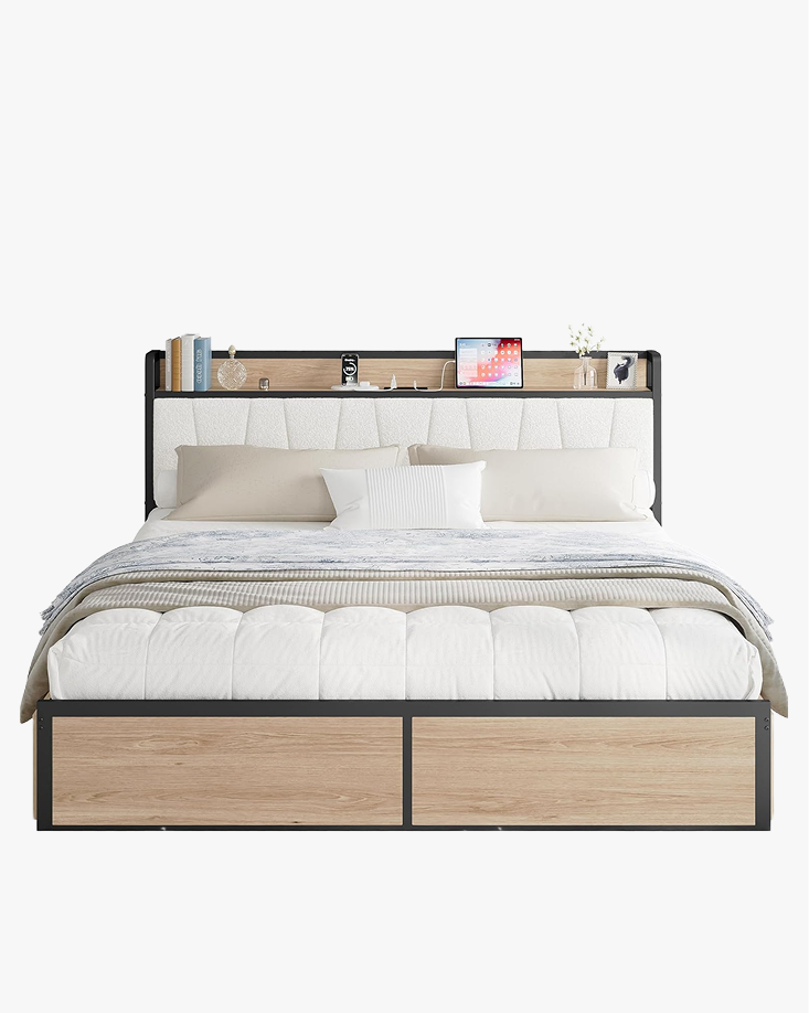 LIKIMIO California King Bed Frame with 4 Storage Drawers, Platform Bed with Charged Headboard