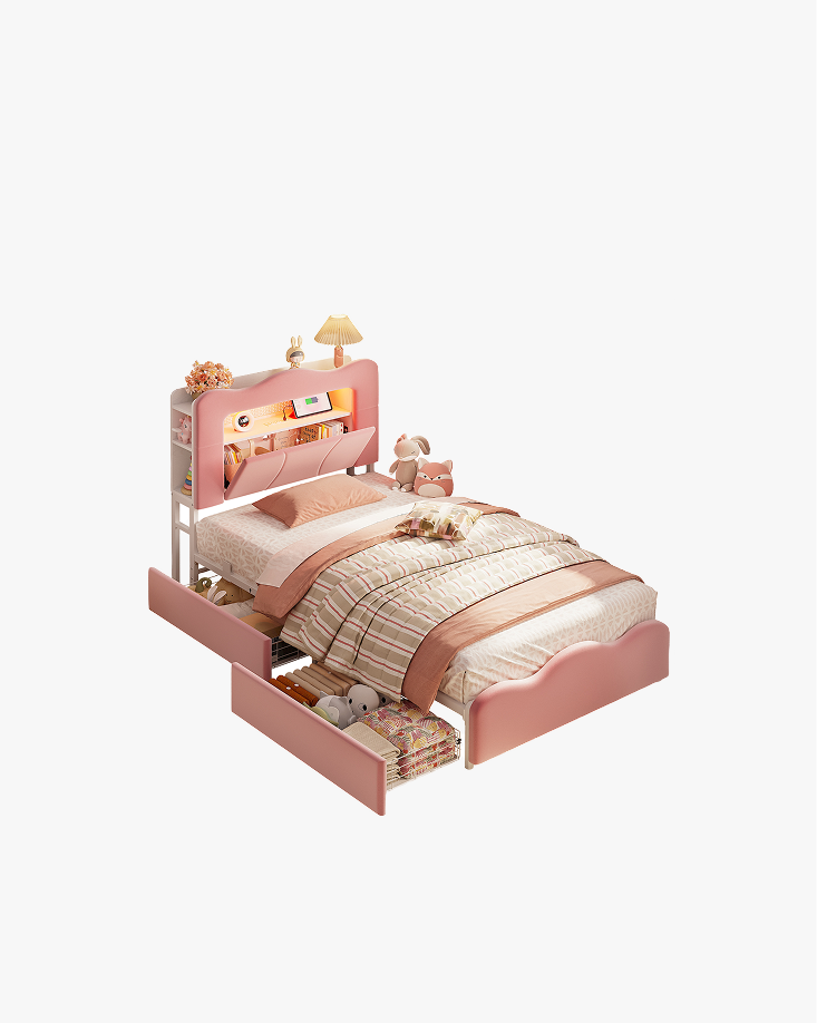 LIKIMIO Velvet Bed Frame (Bookshelf Headboard & Storage & LED)