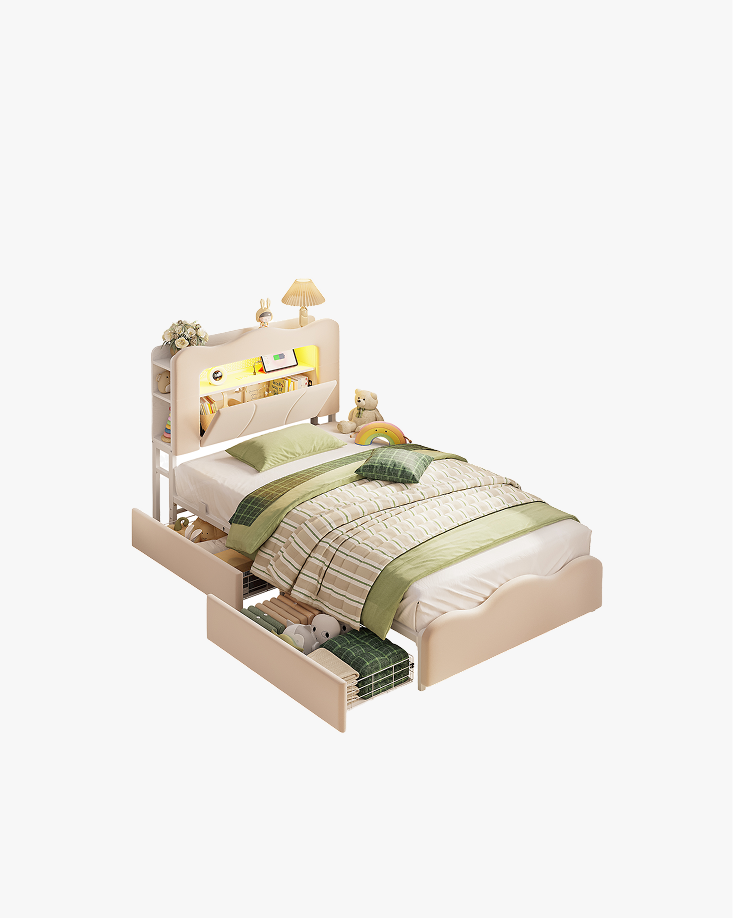 LIKIMIO Velvet Bed Frame (Bookshelf Headboard & Storage & LED)