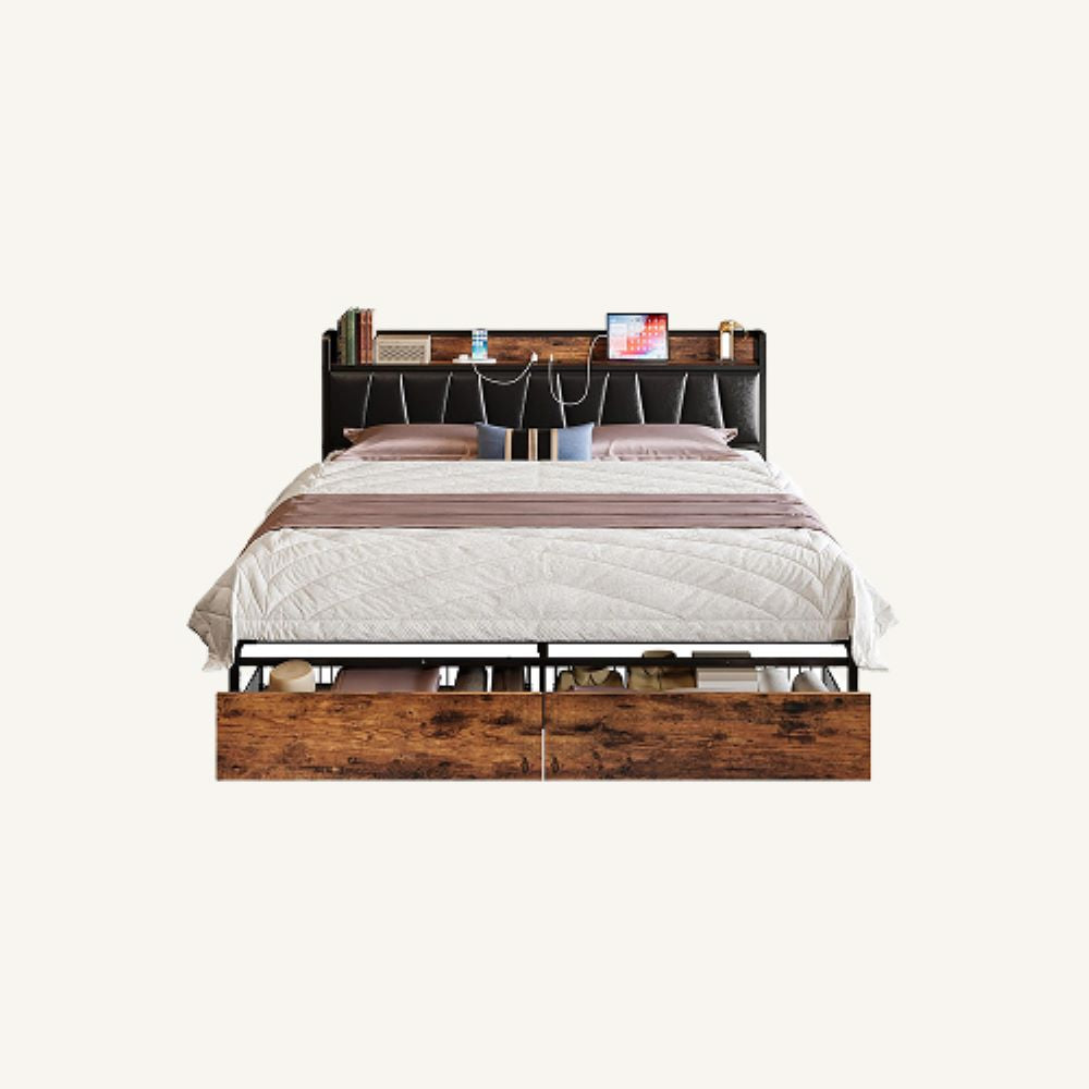 LIKIMIO California King Bed Frame with 4 Storage Drawers, Platform Bed with Charged Headboard