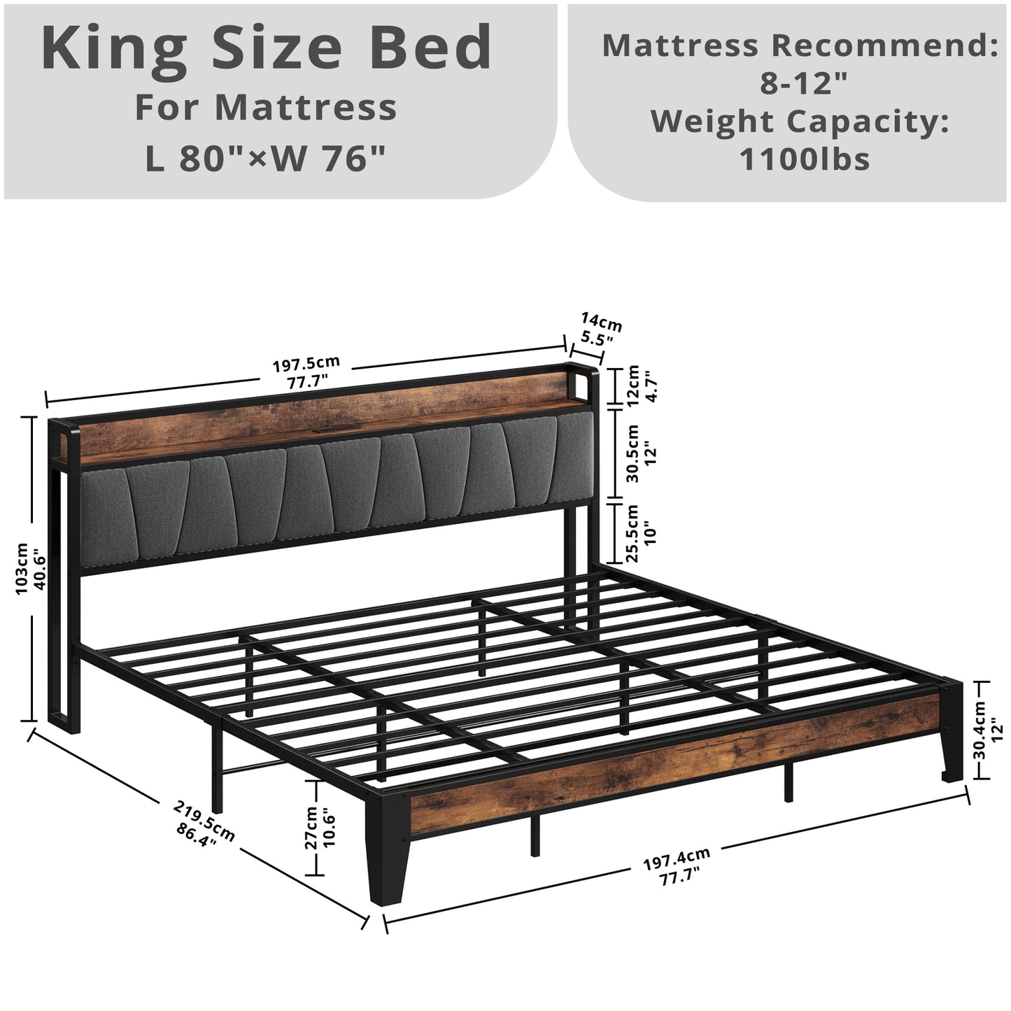 LIKIMIO Storage Headboard Bed Frame with Charging Station Grey