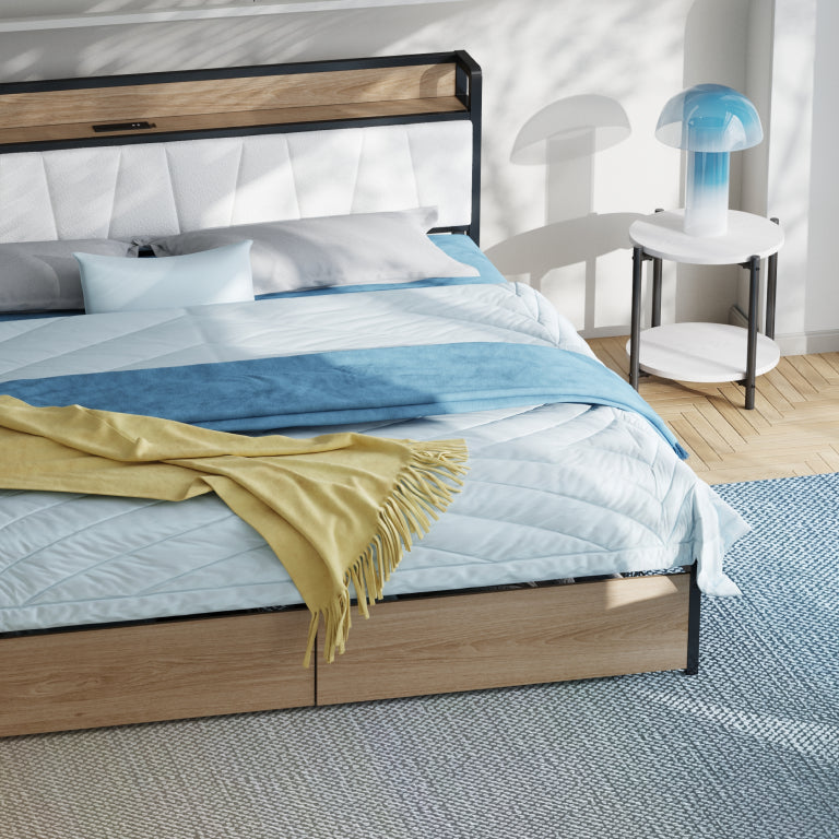 LIKIMIO California King Bed Frame with 4 Storage Drawers, Platform Bed with Charged Headboard