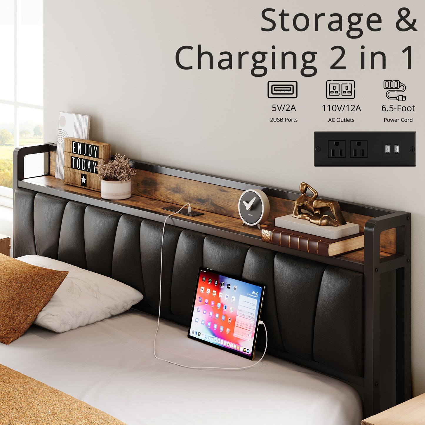 LIKIMIO Storage Headboard Bed Frame with Charging Station Black