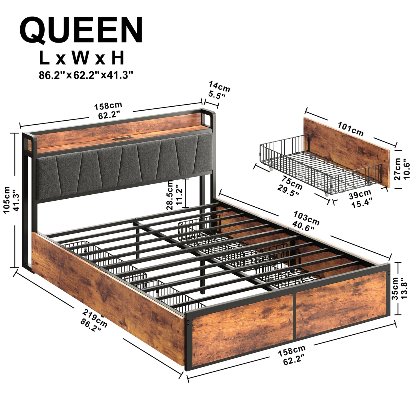 4 Drawers Platform Bed with Charged Headboard