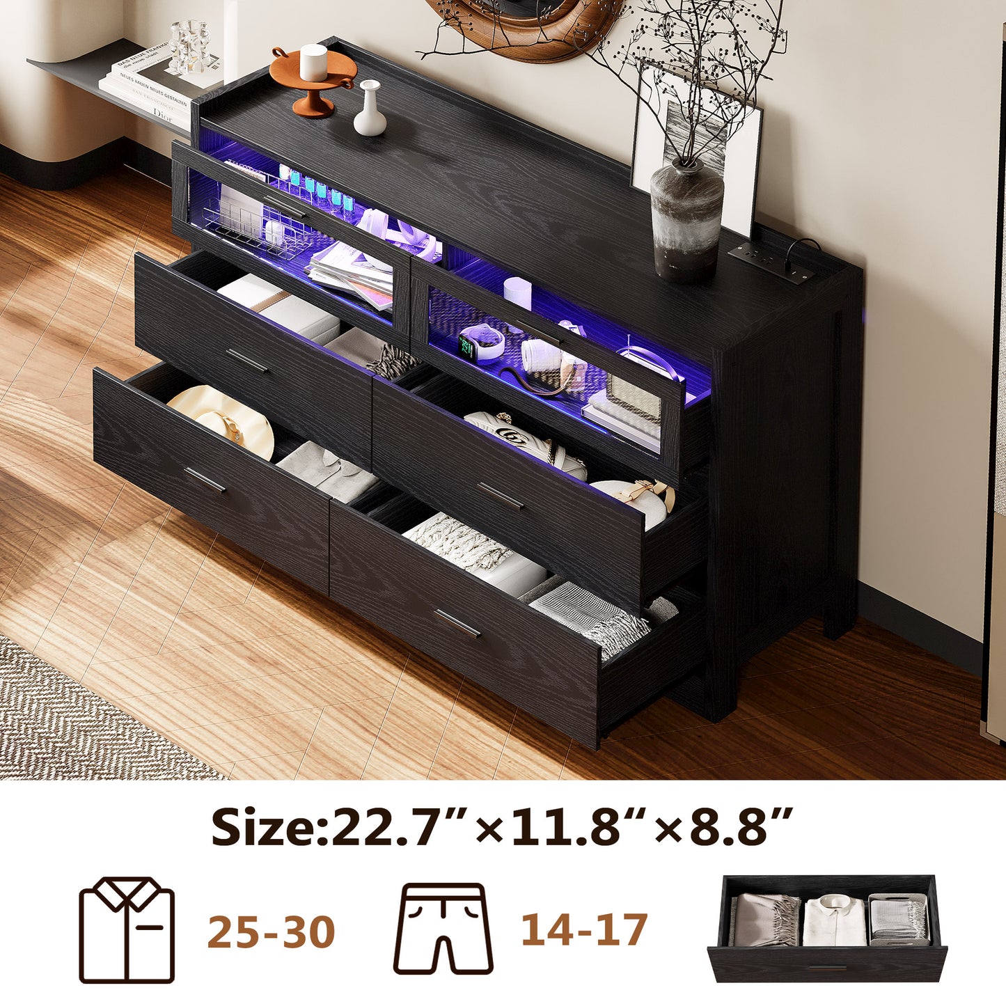 47" LED Dresser with 6 Drawers Black