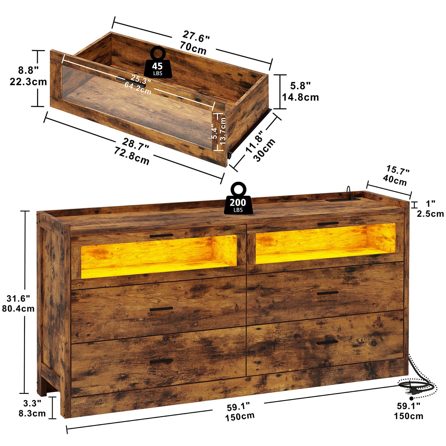 Dressers with LED Lights and Power Outlets