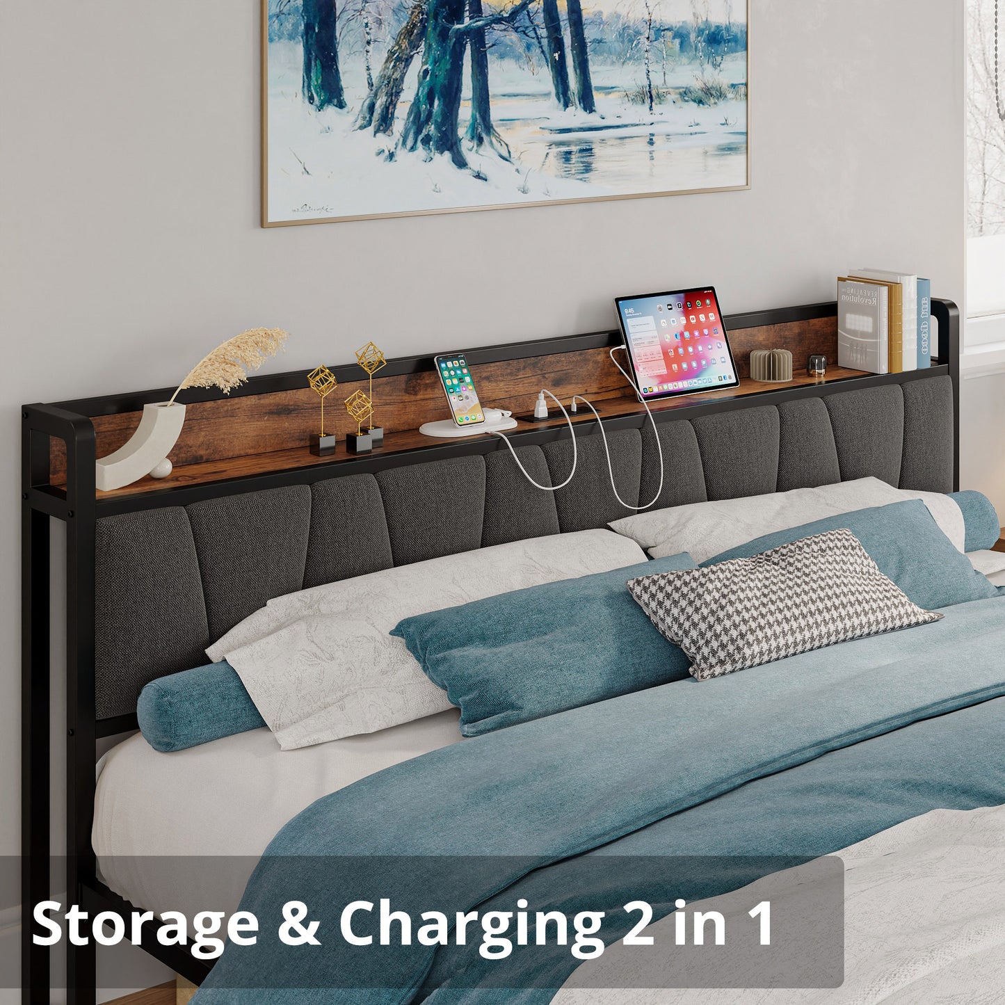 LIKIMIO Storage Headboard Bed Frame with Charging Station Grey