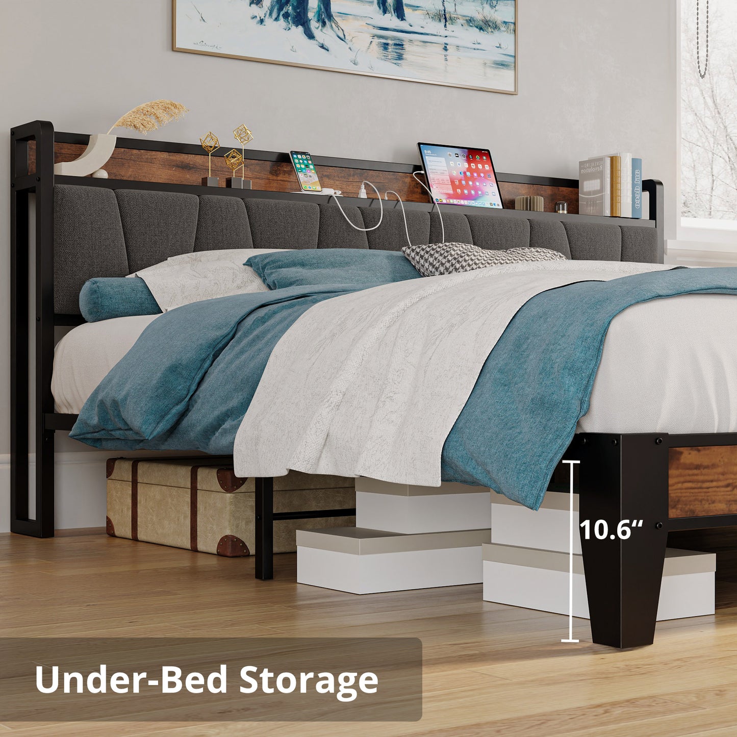 LIKIMIO Storage Headboard Bed Frame with Charging Station Grey