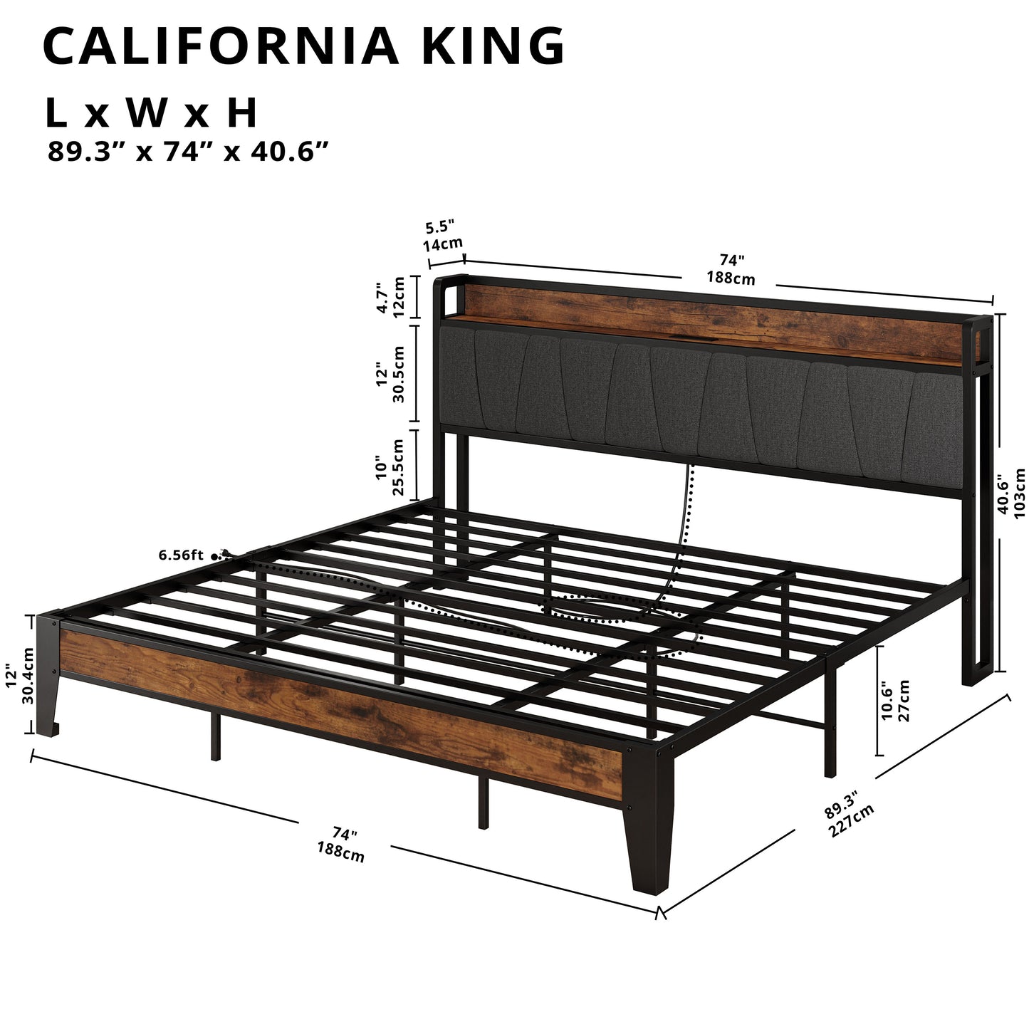 LIKIMIO Storage Headboard Bed Frame with Charging Station Grey