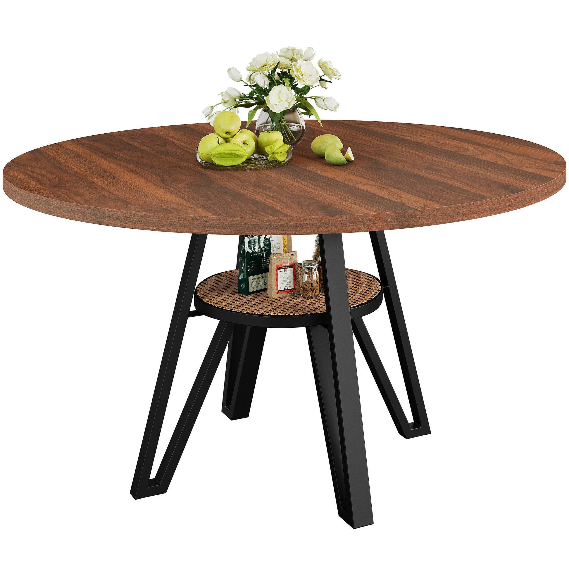 LIKIMIO Wooden Kitchen Table with Rattan Storage Shelf, 47.2”, Walnut