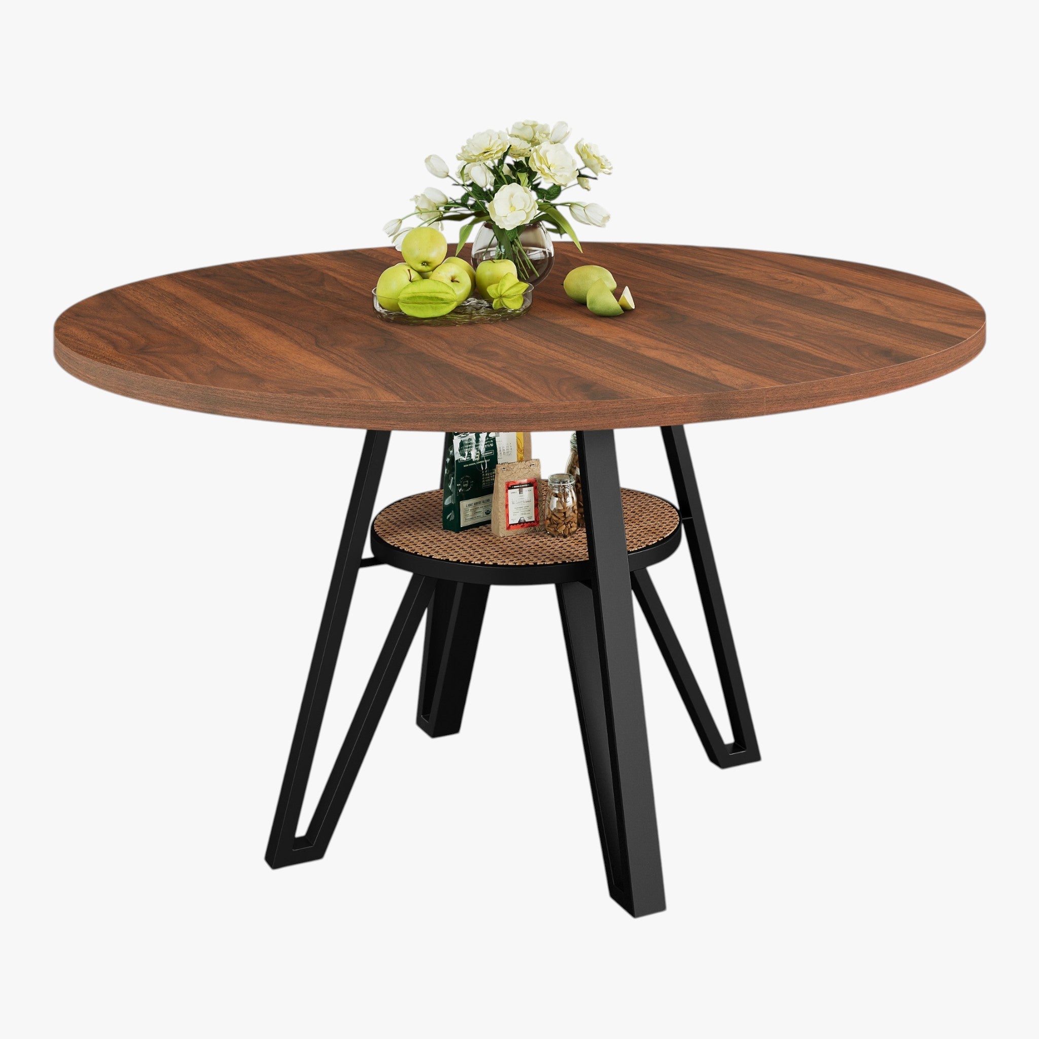 LIKIMIO Wooden Kitchen Table with Rattan Storage Shelf, 47.2”, Walnut