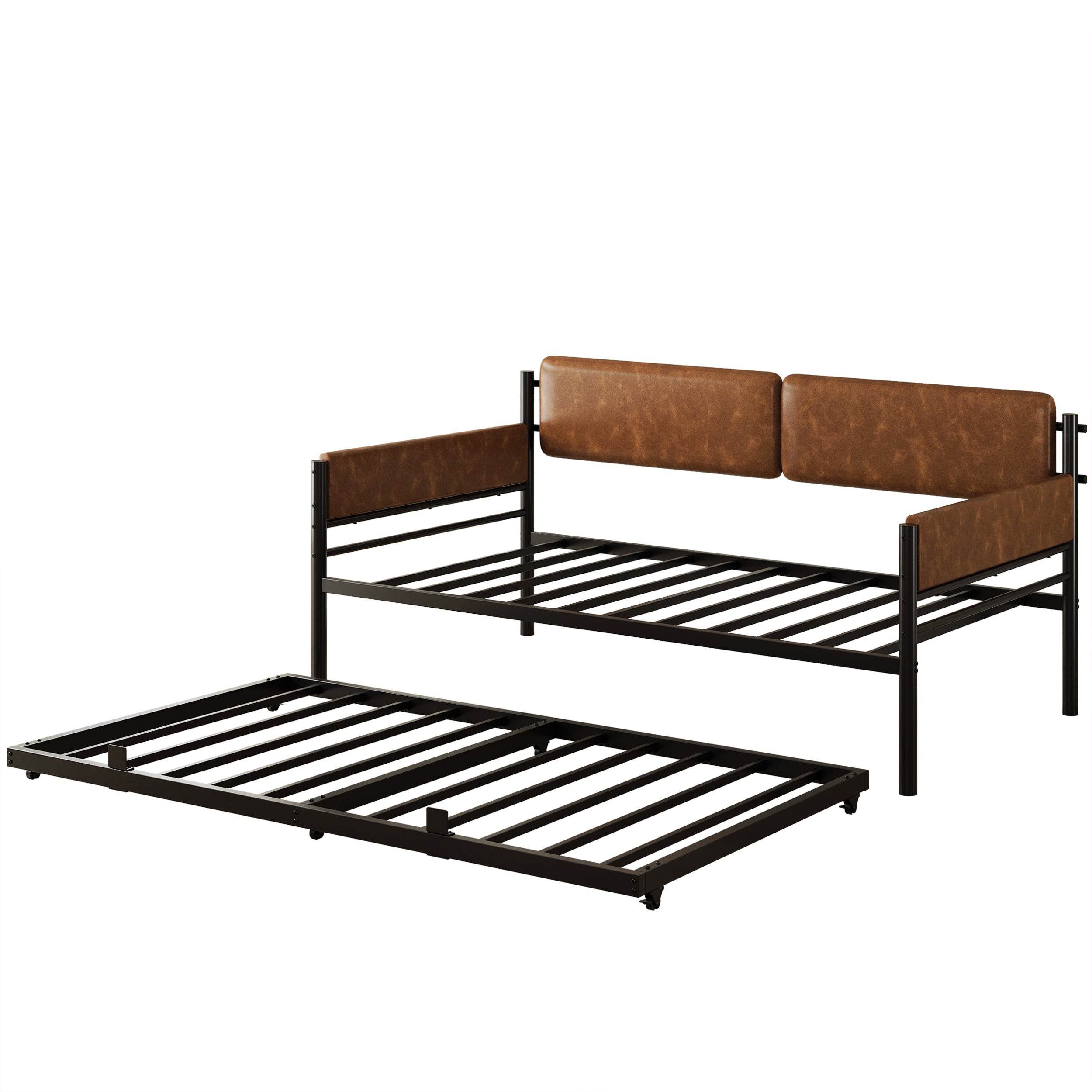 LIKIMIO Twin Upholstered Daybed with Pull Up Trundle, Brown Sofa Bed with Headboard, No Box Spring Needed, for Bedroom, Living Room, Study Room & Guest Room