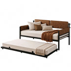 LIKIMIO Twin Upholstered Daybed with Pull Up Trundle, Brown Sofa Bed with Headboard, No Box Spring Needed, for Bedroom, Living Room, Study Room & Guest Room